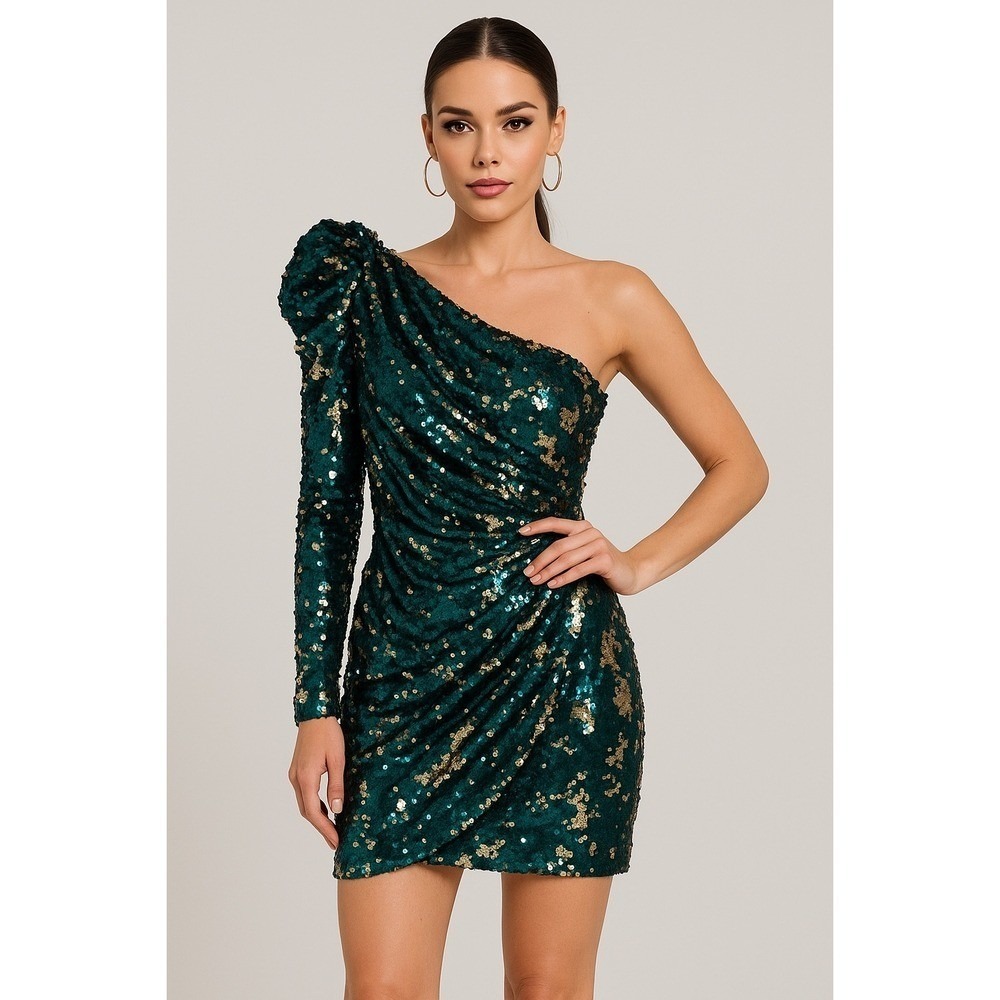 Sequin Mini Dress Green Gold One Shoulder Long Sleeve Party Cocktail Size S